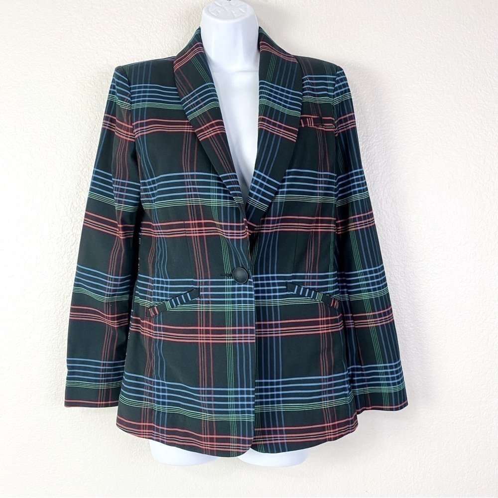 CAbi Holiday Plaid One Button Blazer Size XS
